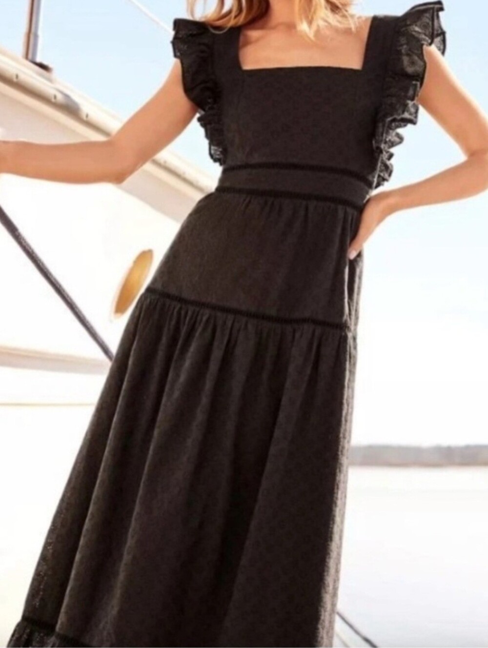 Ann Taylor Black Eyelet Lace Ruffle Square-Neck Tiered-Skirt Midi Dress, Sz: 4